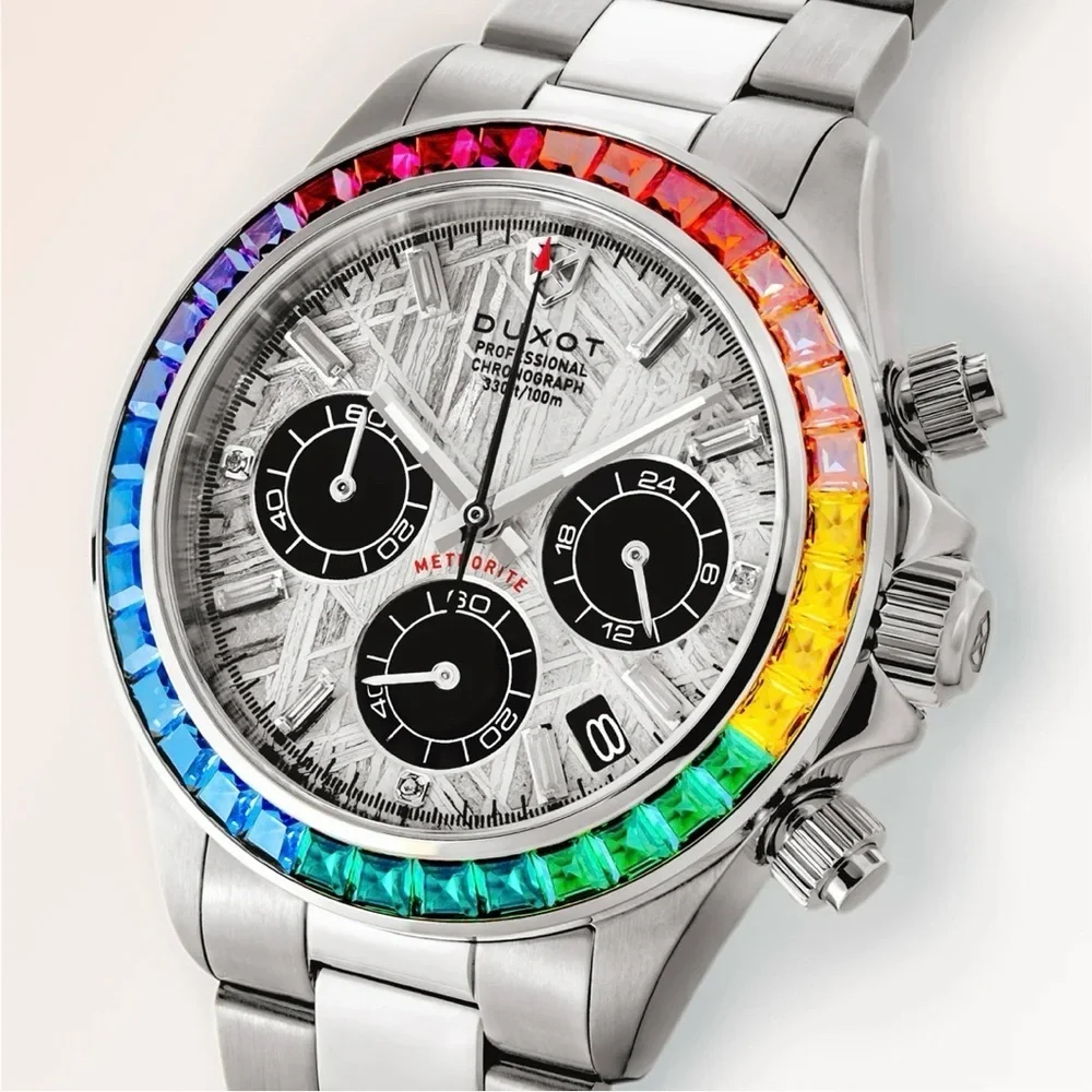 RARE NWT Duxot Accelero Meteorite Dial Rainbow Bezel Chronograph Watch